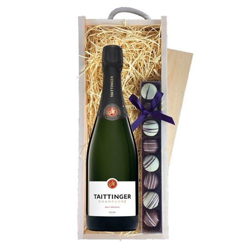 Taittinger Brut Champagne 75cl & Truffles, Wooden Box